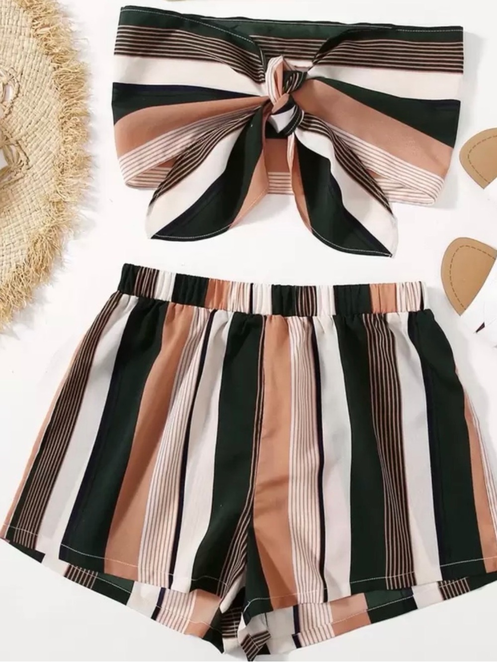 SHEIN Green, Tan & White Striped Tie-Front Tube Top with High Waist Shorts - Picture 2 of 3